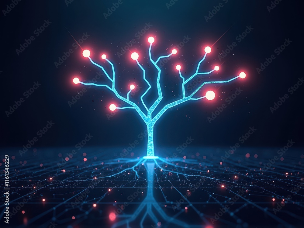 Poster glowing cyber tree symbolizes the fusion of nature and technology, illuminated in a dark environment