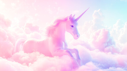 Fototapeta premium Holographic fantasy background featuring a whimsical rainbow unicorn amidst fluffy clouds