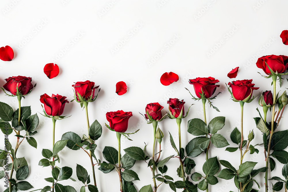 Poster row of red roses are arranged in a line, with some of them overlapping each other.