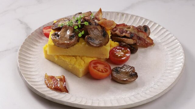 close up of polenta with mushrooms on plate zoom food