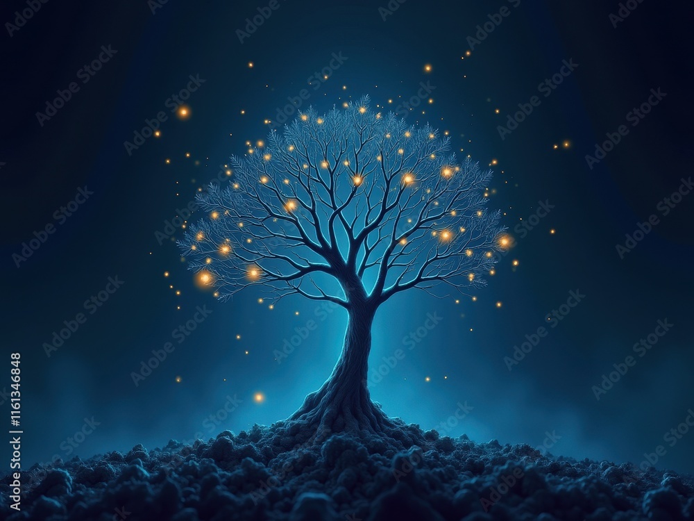 Poster high-resolution illustration of a luminous data tree showcasing intricate branches and glowing eleme