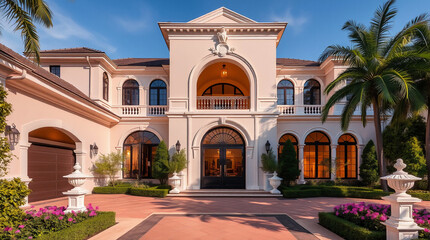 Obraz premium Mediterranean-Style Mansion with Arched Entryway and Landscaping