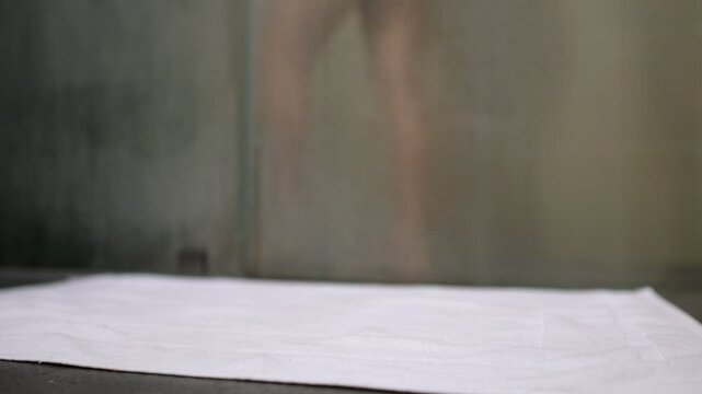 Woman stepping onto soft white bath mat, bare feet touching plush fabric after shower, showcasing personal hygiene and comfortable morning routine