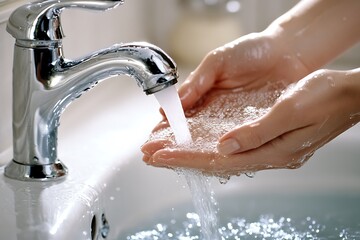 Close-up of woman's hands washing under kitchen tap, water flowing, evoking fresh and clean sensation. Perfect for hygiene or household themes.