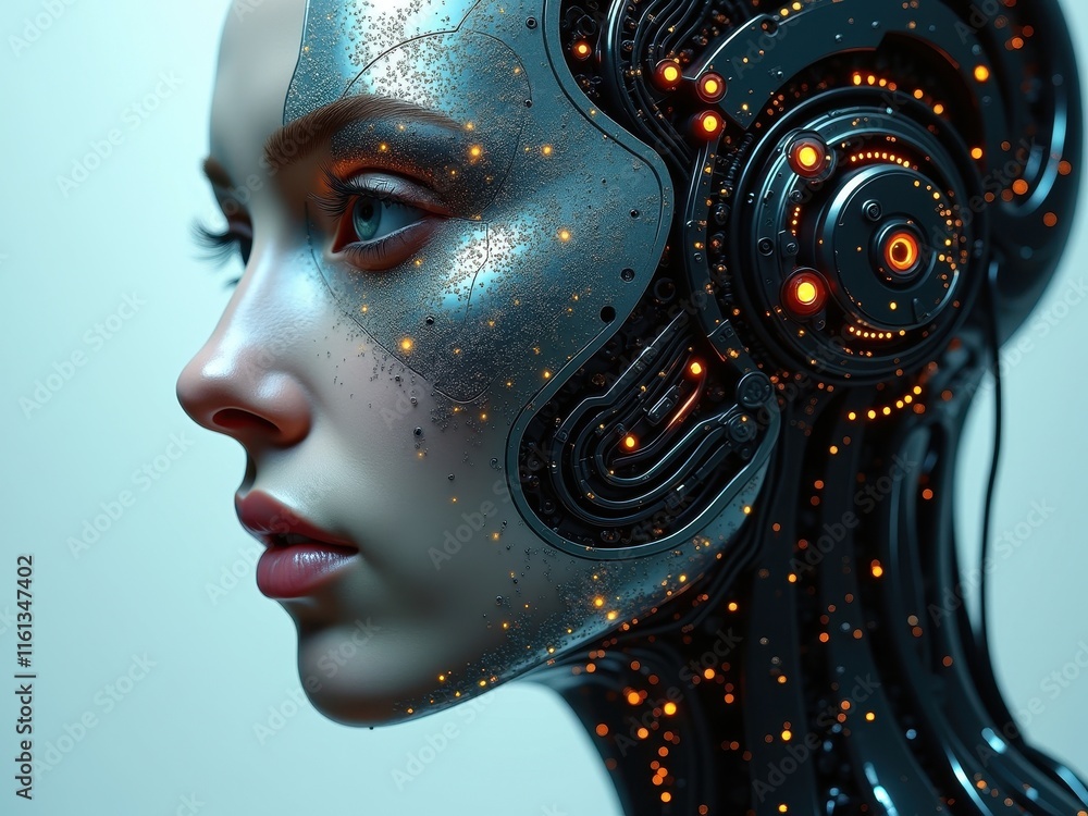 Poster artistic portrayal of a humancybernetic hybrid showcasing intricate details and luminous elements wi