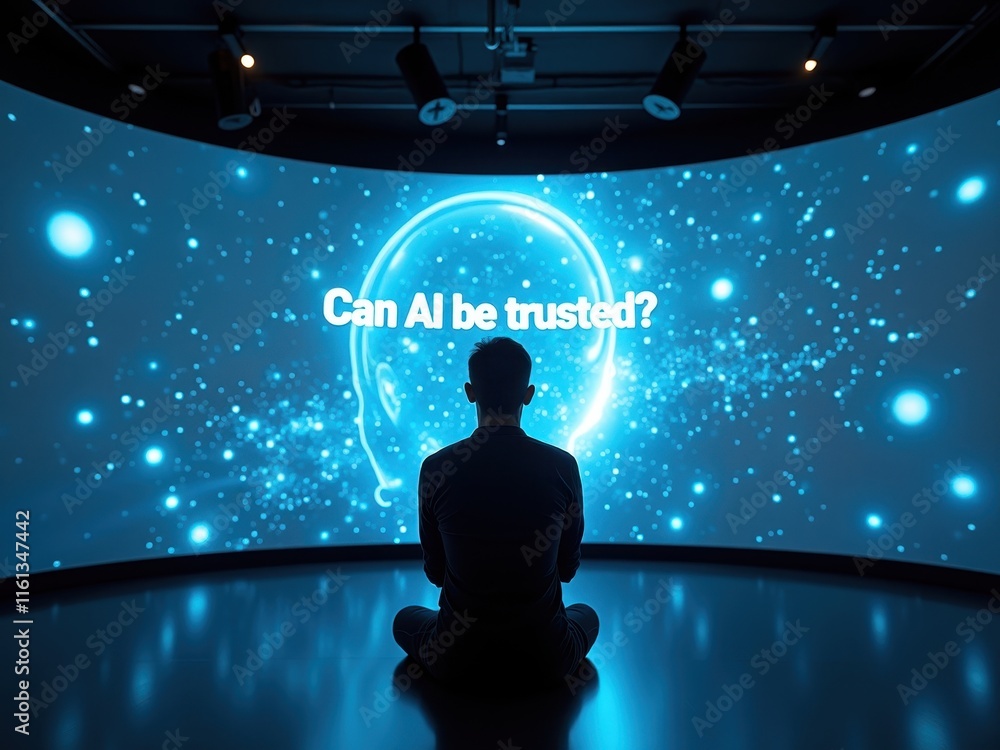 Poster Person seated in contemplation while exploring themes of trust and artificial intelligence in a futuristic setting