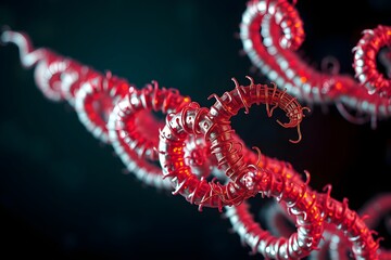 A stylized representation of DNA or molecular structures in vibrant red hues.