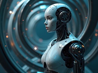 Mechanical robot trapped in a futuristic environment with glowing elements during a tense moment of contemplation