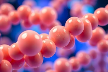 Abstract representation of molecular structures with pink spheres on a blue background.