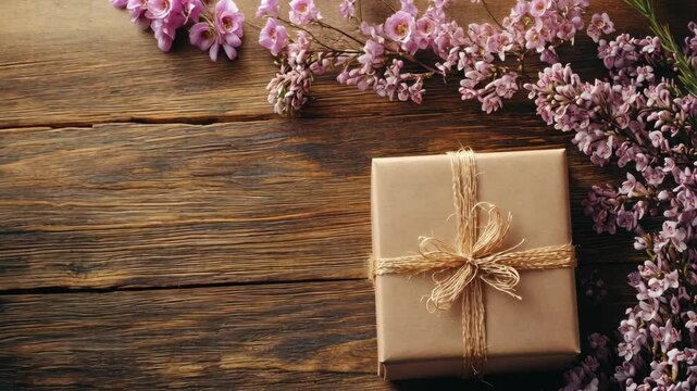 Gift wrapped with twine beside delicate purple flowers on a rustic wooden surface