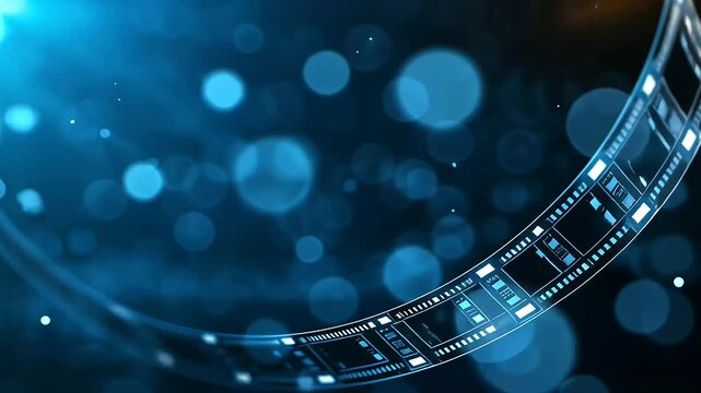 A dynamic layout of a film strip spiraling upward against a deep blue cinema background, with stars and a faint glow for a dreamy effect