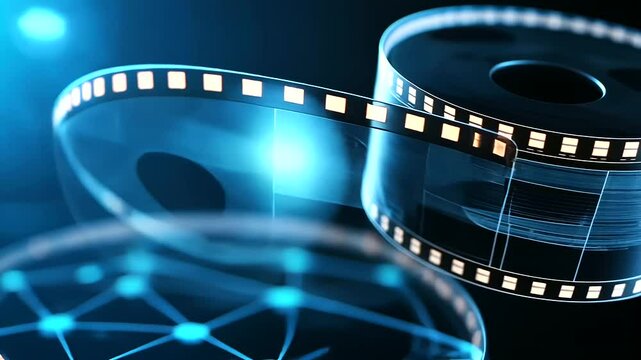 A futuristic cinema scene with a holographic film strip hovering against a sleek metallic background with glowing accents