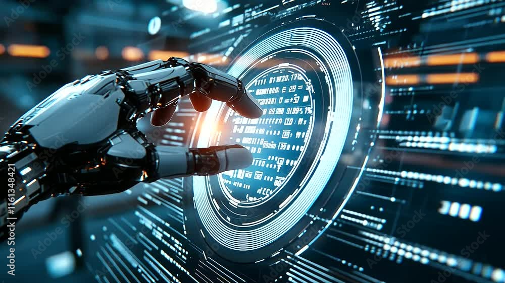 Poster a futuristic scene with a robotic arm activating a bright ai button, as lines of code and holographi