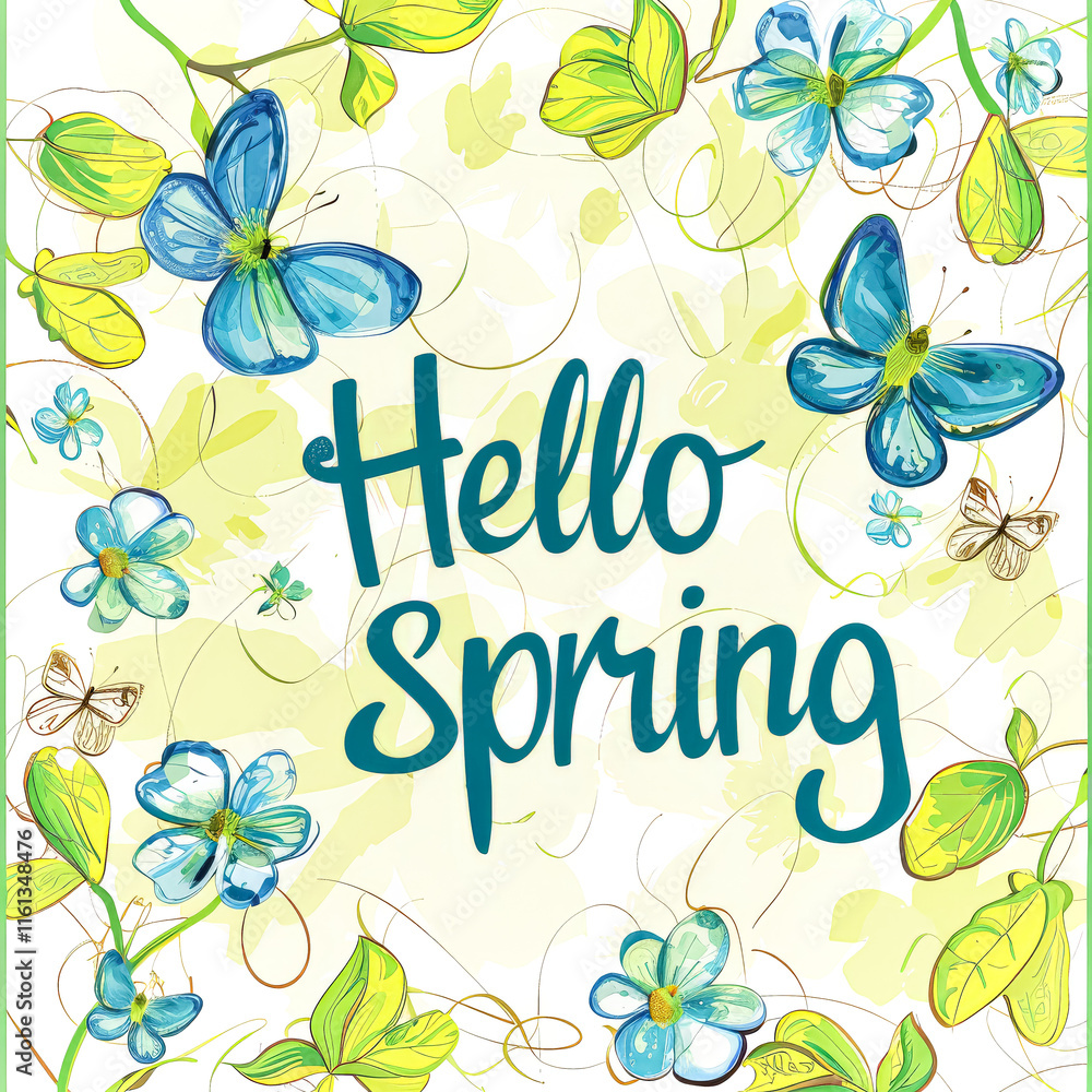 Poster colorful flowery background with the words hello spring written in cursive.