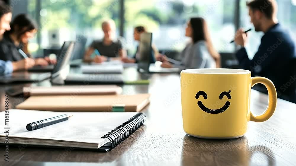 Poster a happy coffee cup with a smiley face placed next to a notebook on a clean desk, with a blurred view