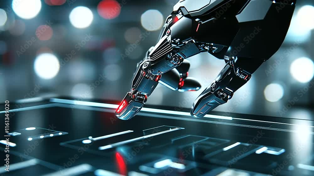 Poster a high-definition close-up of a robotic finger activating an ai button on a glossy black console, wi