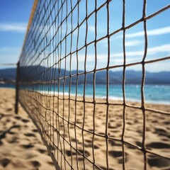Volleyball net closeup on sand.