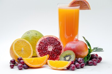Glass of orange juice is poured over a table with a variety of fruits, including oranges, grapes, and kiwis