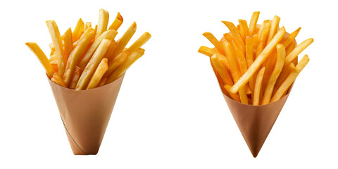 Golden french fries wrap in vertical paper on white bg