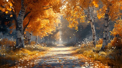 Fototapeta premium Vibrant Foliage Enhancing the Charm of Enchanted Autumn Forest Path Photo