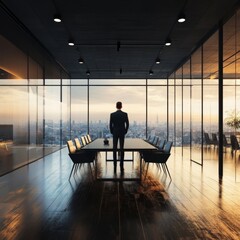 Businessman in conference room with glass wall.