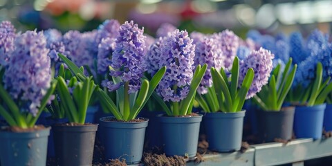 Fototapeta premium A variety of blue flowers, possibly crocuses or bulbous irises, in neat rows within pots.