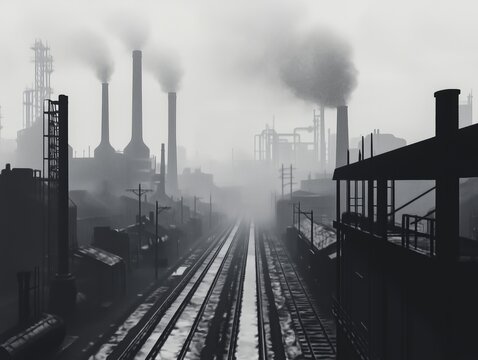 Monochromatic Industrial Landscape with Smokestacks, Railway Tracks, and Atmospheric Fog in a Gritty Urban Scene