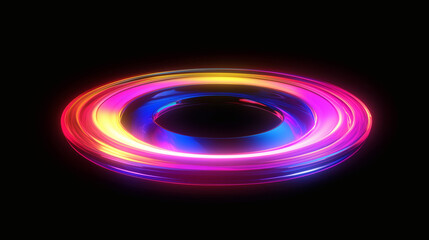 Obraz premium Glowing neon circle with multicolor light trails, dynamic ring shape with red, yellow, pink and blue light motion effect