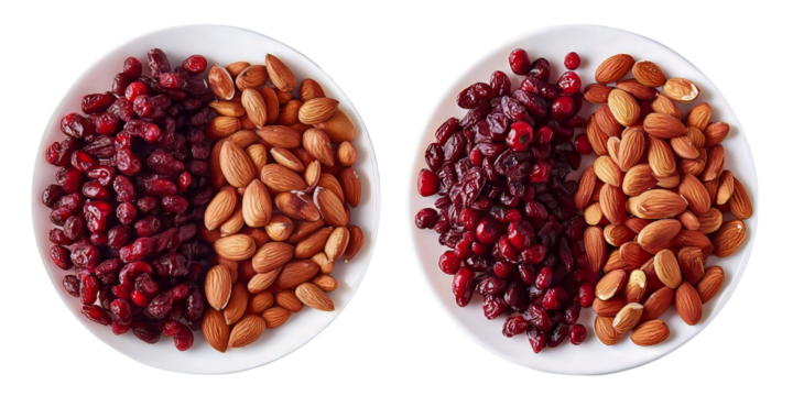 set of nuts and dry fruit in white plate on transparent bg 