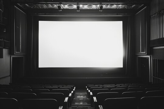 Theater waiting for the show to begin. Empty rows and a large screen projecting a blank slate.