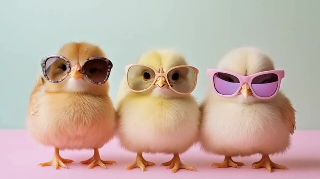 A fluffy group of baby chicks with two yellow chicks and three white chicks isolated on a white background