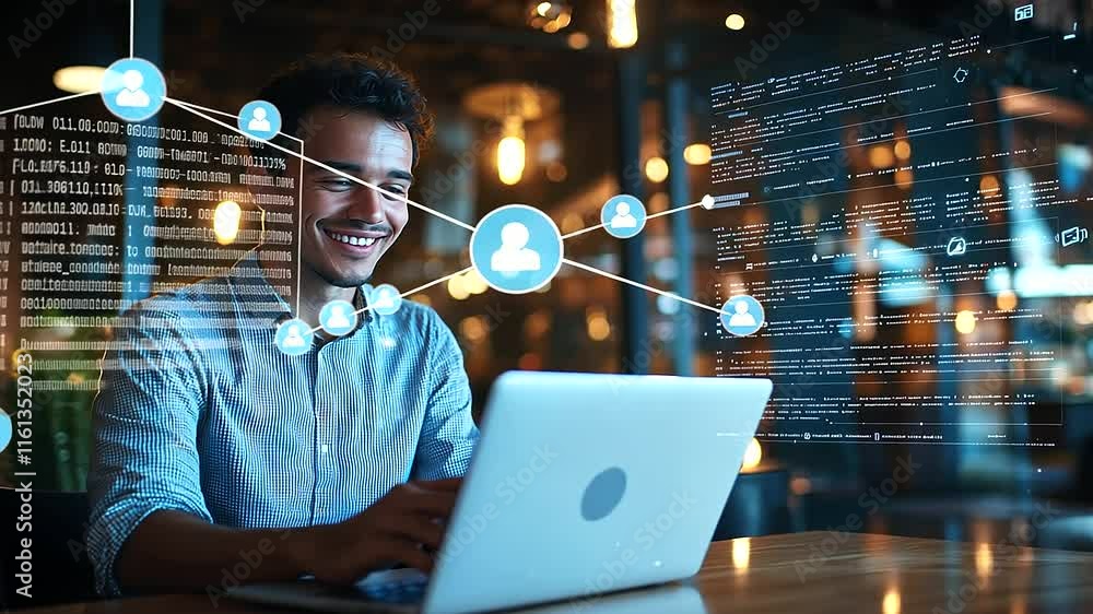 Poster a vibrant coffee shop scene with a person smiling at their laptop screen, showing an animated chatbo