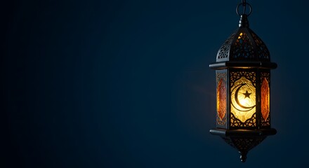 Traditional Islamic lantern with intricate metalwork and glowing crescent moon and star, symbolizing spirituality during Eid celebration