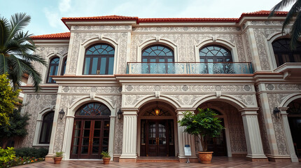 Multi-Story Residence with Ornate Facade and Arched Entryways