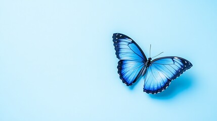 Top-down view photo of a beautiful blue butterfly on a light blue background, perfect for nature lovers. Copy space available. Ideal for animal-themed designs, wallpapers, and more.