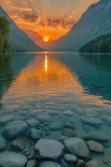 Photo réaliste professionnelle d’un lac paisible avec une eau cristalline reflétant les montagnes environnantes et un ciel doré de lever de soleil