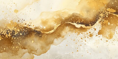 Naklejka premium Elegant Gold Watercolor Canvas. Brush-Stroked Abstract Stain with Splashes and Fluid Marble Design