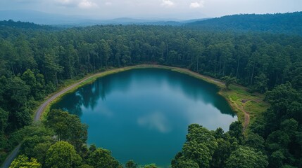Serene lake in lush forest surrounded by dense trees and distant mountains