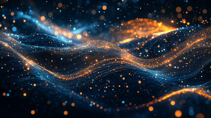 Fototapeta premium Abstract background with glowing dots and wavy lines in the colors of dark blue