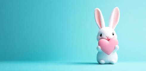Obraz premium Adorable white bunny with pink heart on blue background, pastel colors, perfect for Valentine's Day card. Minimalistic style with banner and copy space. Ideal for love-themed designs.