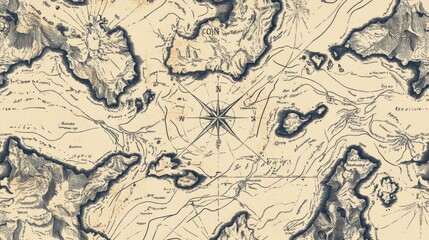 Antique map illustration with compass rose, showing landmasses, waterways, and geographical details in vintage style.