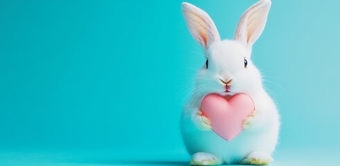 Fototapeta premium Adorable white bunny with pink heart on blue background, pastel colors, perfect for Valentine's Day card. Minimalistic style with banner and copy space. Ideal for love-themed designs.