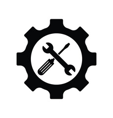 Service tools vector icon. Vector screwdriver and gear tool icon in flat design style. Wrench and gear cogwheel icon vector.