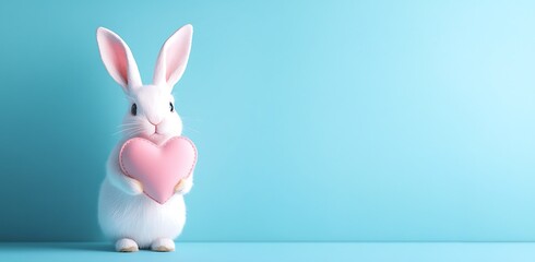 Obraz premium Adorable white bunny with pink heart on blue background, pastel colors, perfect for Valentine's Day card. Minimalistic style with banner and copy space. Ideal for love-themed designs.