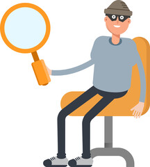 Thief Character Sitting and Holding Magnifier
