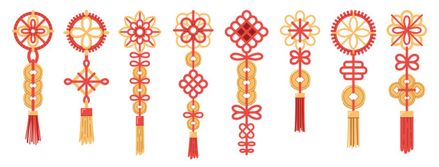 Set of traditional Chinese lucky knots with coins in red and gold, featuring tassels, coins, intricate geometric patterns. Symbolizing prosperity and harmony, perfect for festive designs. White backgr