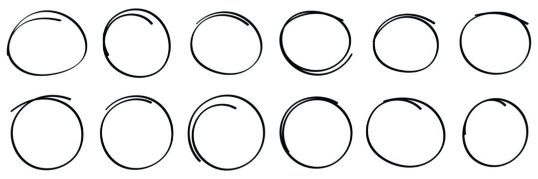 Hand drawn circle line sketch set. Circular  vector image. Hand drawn circle with doodle patterns. Vector brush strokes circles of paint on white background.