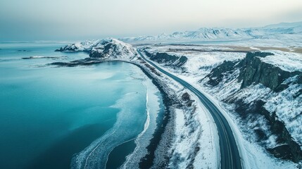 Fototapeta premium Aerial view of snowy coastline and mountainous road in winter landscape