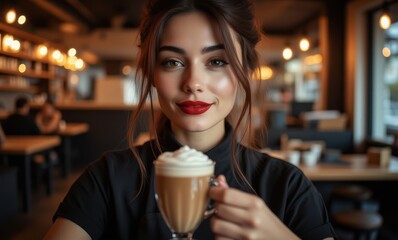 Young woman with coffee in cozy café
