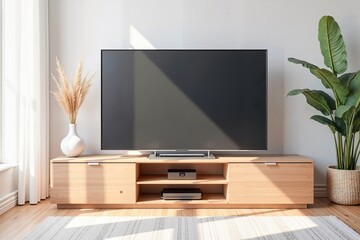 Sleek curved TV in modern living room during daylight, stylish decor. Mock up or template